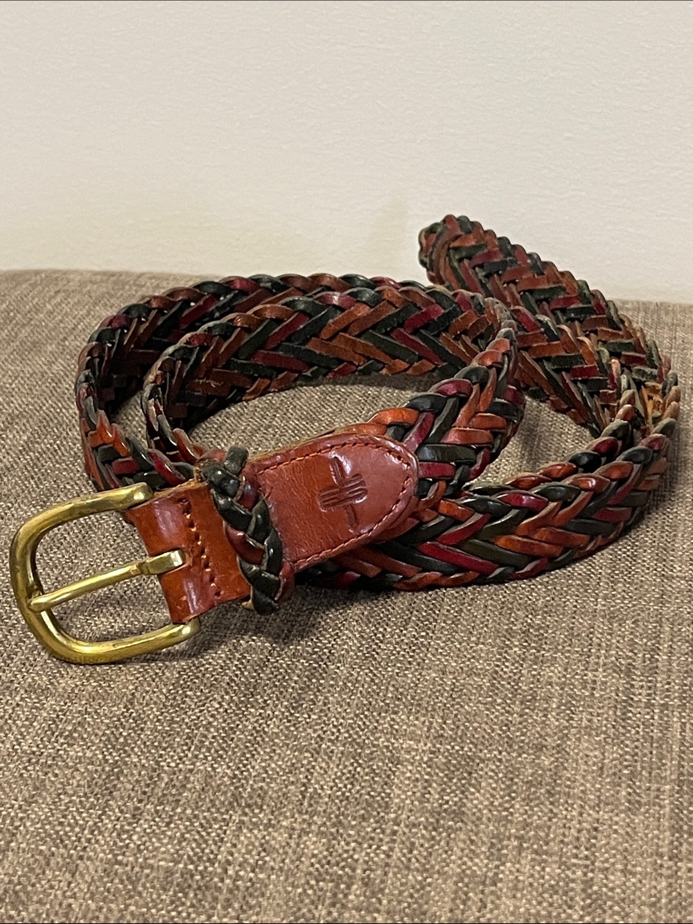 Vintage Multicolor Braided Genuine Leather Belt with Brass Buckle L
